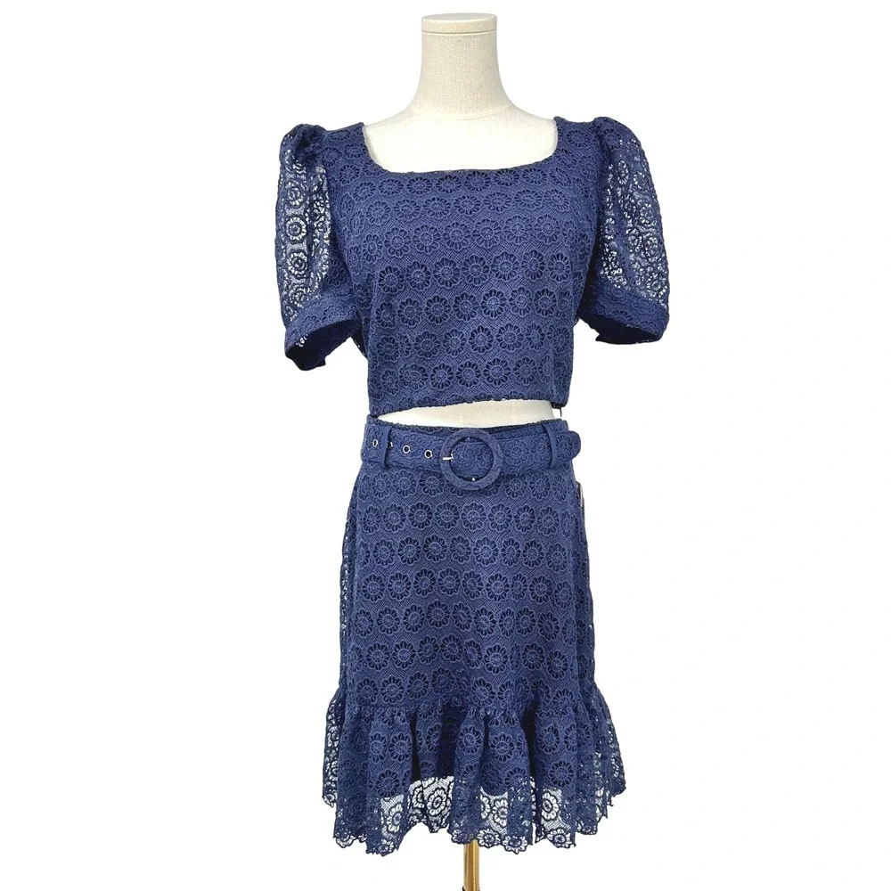 Aqua Navy Crochet Lace Matching Set Large Puff Sleeve Crop Top Belted Skirt 2 pc